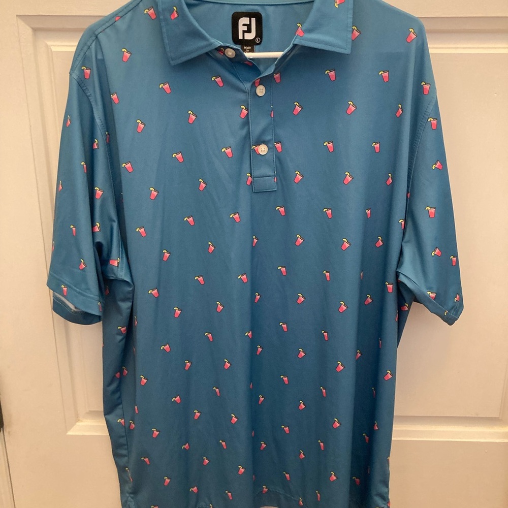FootJoy Men's blue patterned Polo in with Pink lemonade pattern